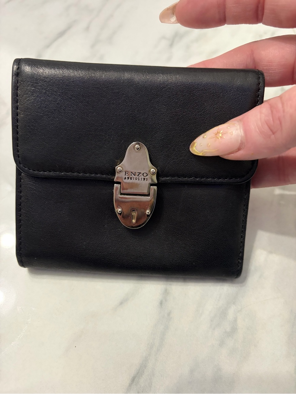 Vintage Enzo Angiolini Black Leather Trifold Wallet Heavy Clasp Y2K - Picture 2 of 9